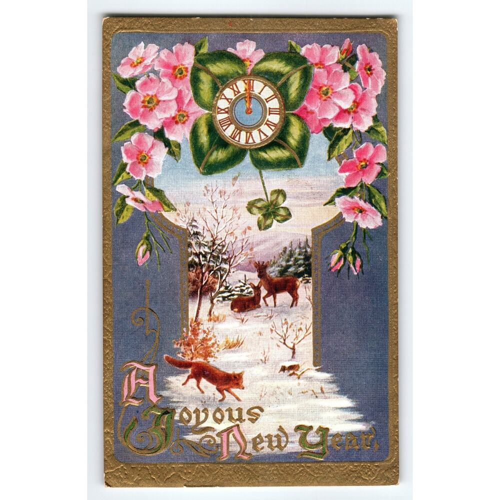 Vintage Joyous New Year Postcard Pink Flowers Winter Deer Scene